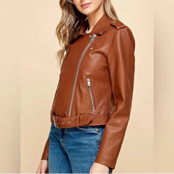 LEVI’S faux leather moto jacket cognac brown Women’s size Small 90’s style CBK - Picture 15 of 17